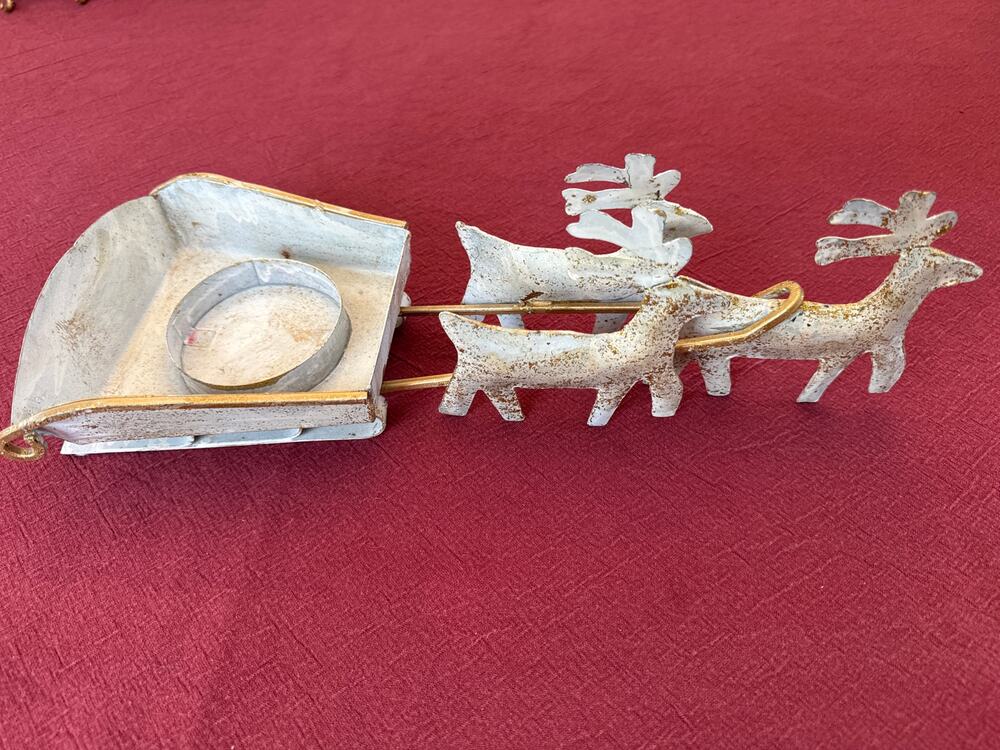 Reindeer & Sleigh Candle Holder Distressed Rustic Glitter Christmas Home Décor